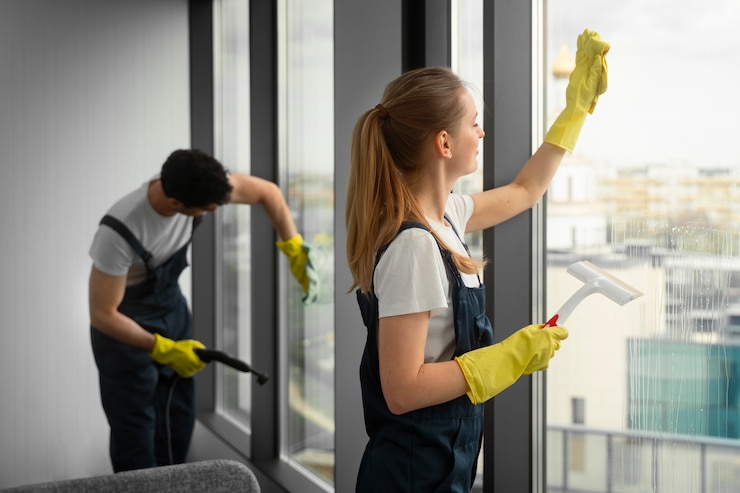 Photo gratuit coup moyen de personnes nettoyant un bâtiment