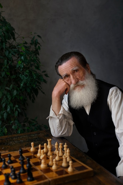 Photo gratuite coup moyen vieil homme avec jeu d'échecs
