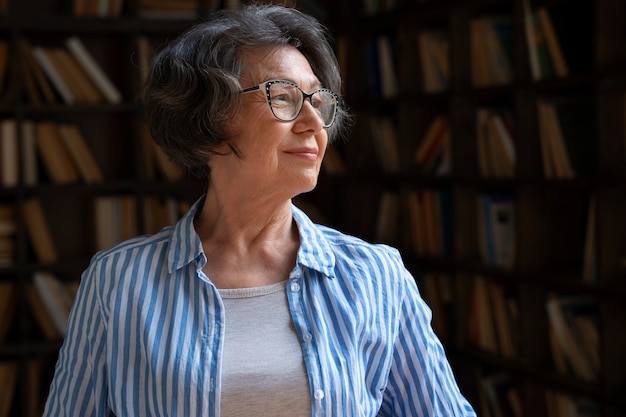 Coup moyen vieille femme dans la bibliothèque