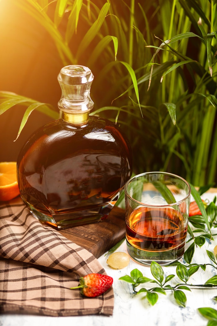 Photo gratuit coup de projecteur sur un verre de cristal contenant des fruits et de la verdure, tiré sur un plateau en bois