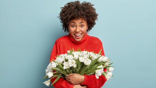 Coup De Taille D'une Femme Afro-américaine Heureuse Sourit Joyeusement, Porte Un Pull Rouge Tricoté, Embrasse Un Bouquet De Fleurs Blanches, Des Modèles Sur Un Mur Bleu. Des Gens, De Bonnes émotions Et De Bons Sentiments. Recevoir Des Tulipes