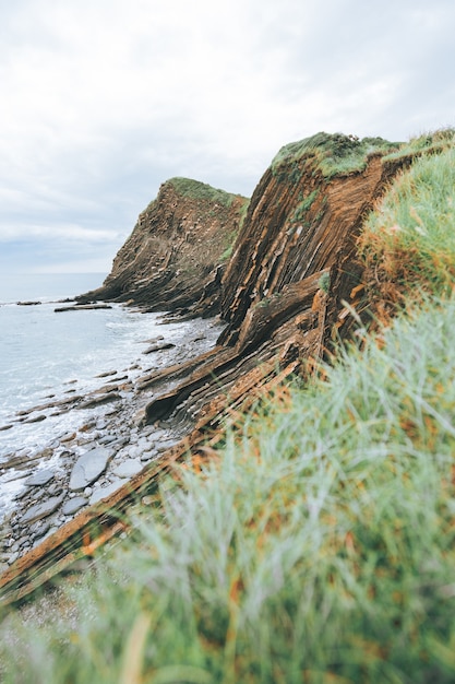Coup vertical de falaises remplies d'herbe verte à côté de la mer bleue pendant la journée