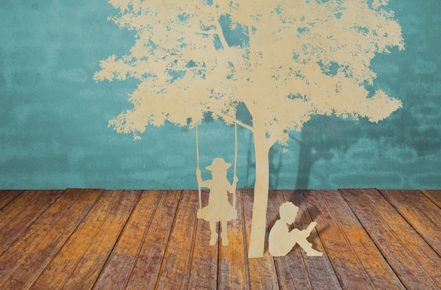 coupe de papier d&#39;enfants lire un livre sous l&#39;arbre