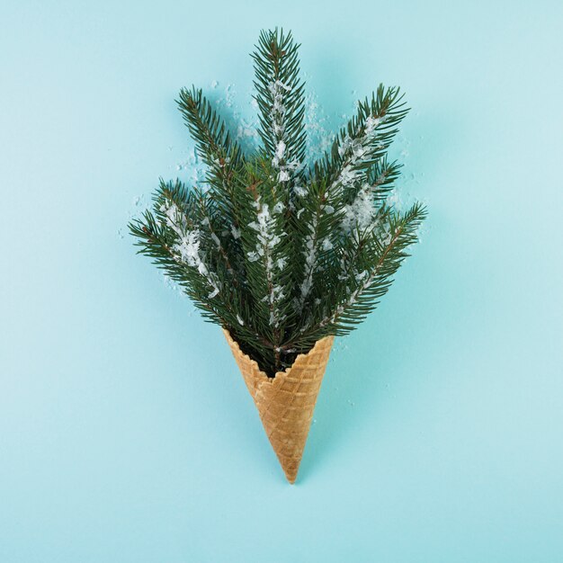 Coupe de plaquette avec brindille de sapin et neige d&#39;ornement