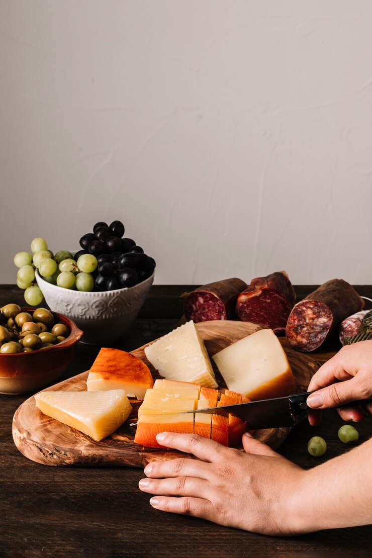 Photo gratuit couper les mains en tranches de fromage à pâte molle