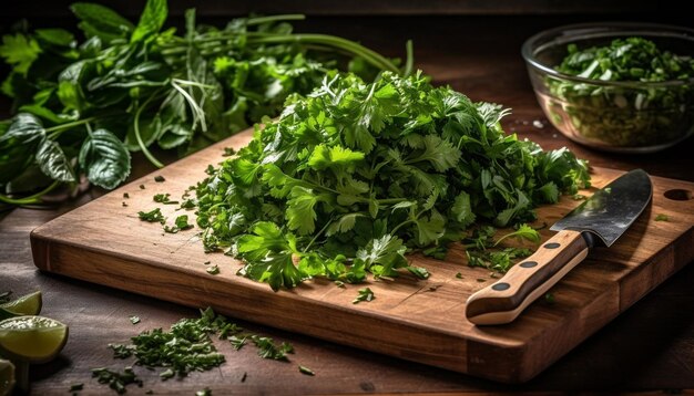 Coupes d'herbes biologiques sur planche de bois rustique générées par l'IA