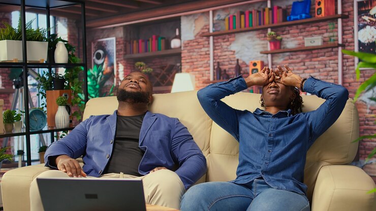 Photo gratuit un couple afro-américain allongé sur le canapé et se détendant.