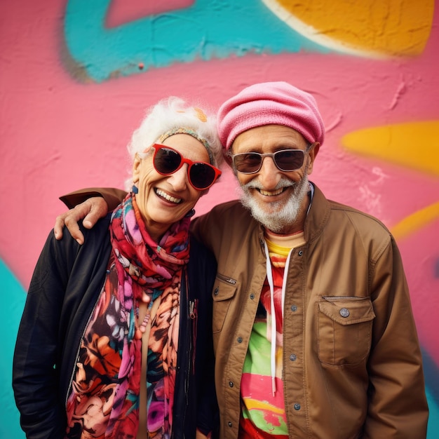 Un couple âgé d'expression heureuse contre un mur de graffitis colorés généré par Ai.