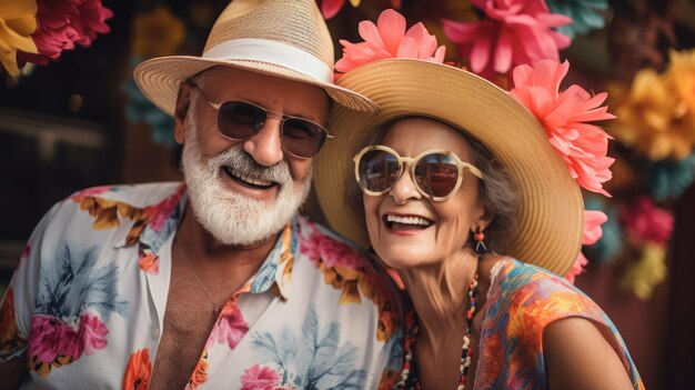 Couple âgé souriant assis sur un banc dans un parc printanier entouré de belles fleurs