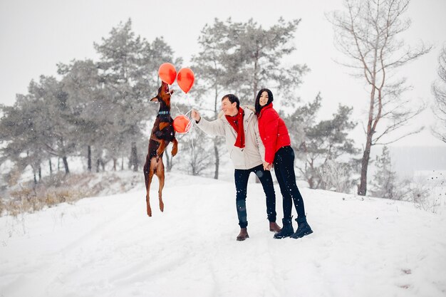 Couple d'amoureux à pied dans un parc d'hiver