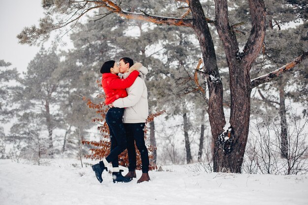 Couple d'amoureux à pied dans un parc d'hiver