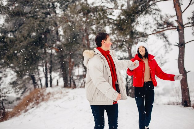 Couple d'amoureux à pied dans un parc d'hiver