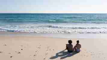 Photo gratuite couple assis sur la plage de sable fin