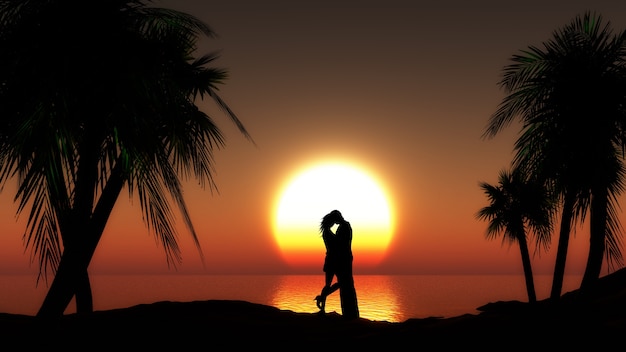 Couple contre le coucher du soleil mer avec des palmiers