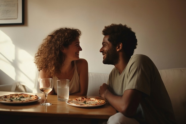 Photo gratuite couple à coup moyen mangeant une délicieuse pizza