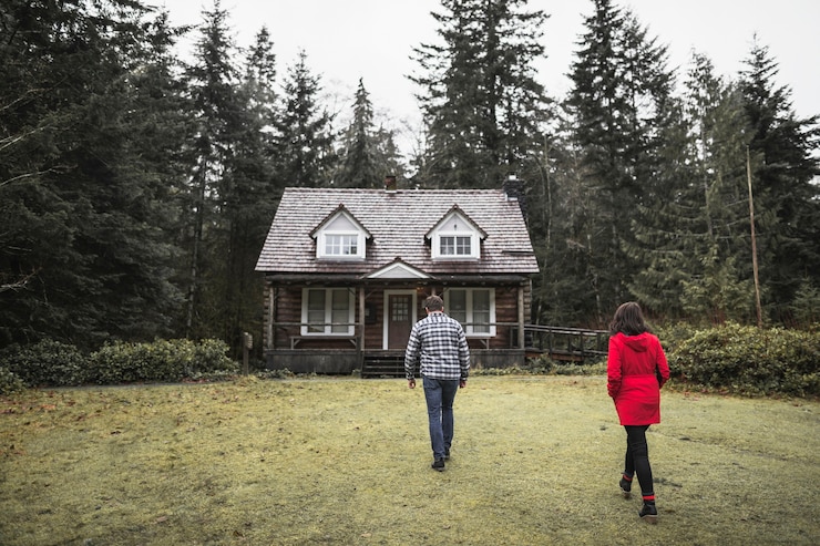 Photo gratuit couple, direction, forêt, cabane