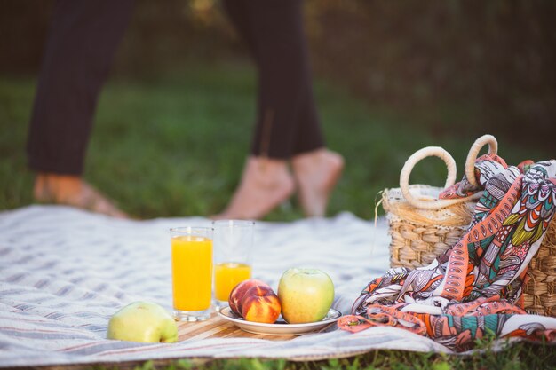 Couple enceinte en pique-nique. Gros plan de fruits et un panier