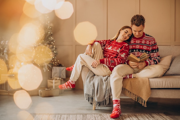 Couple ensemble de lecture de livre par l'arbre de Noël