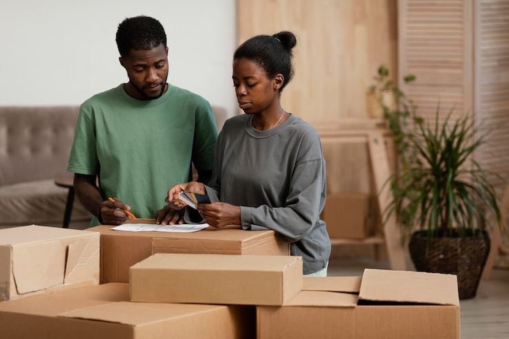 Photo gratuit couple faisant un plan pour redécorer la maison
