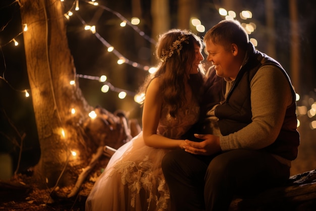 Photo gratuite un couple de fantaisie se mariant avec des lumières.