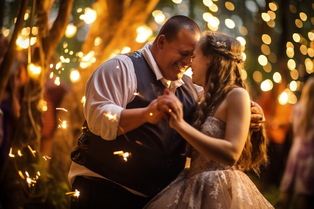 Photo gratuite un couple de fantaisie se mariant avec des lumières.