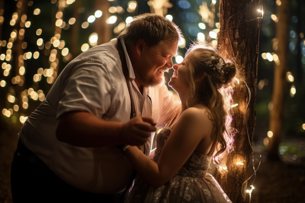 Photo gratuite un couple de fantaisie se mariant avec des lumières.