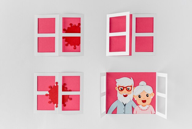 Couple à la fenêtre entouré de virus