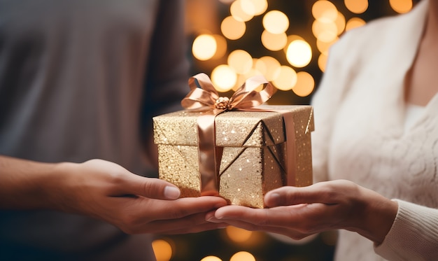 Un couple fête Noël ensemble.