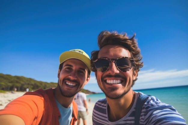 couple gay expression heureuse vacances d'été et concept de plage ai généré