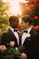 Photo gratuite couple gay plan moyen posant avec des fleurs