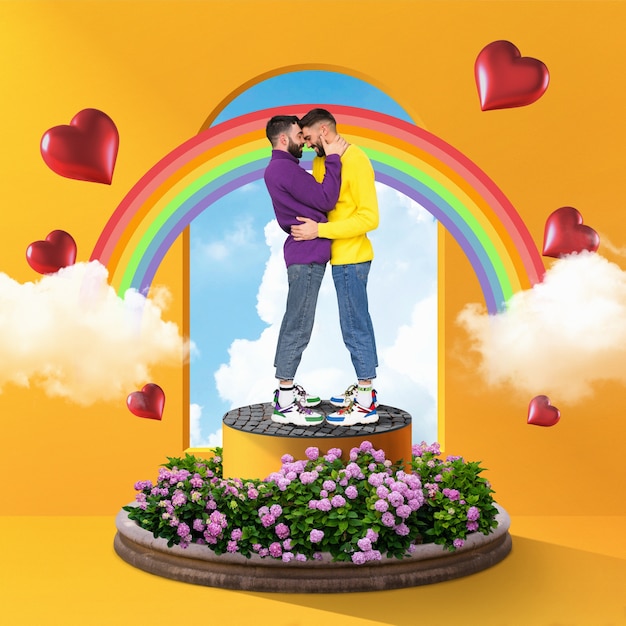 Photo gratuite couple gay sur le podium plein coup