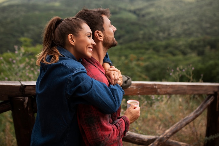 Photo gratuit couple heureux et romantique voyageant ensemble dans la nature