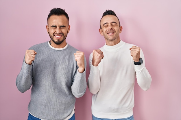 Photo gratuite couple homosexuel debout sur fond rose excité pour le succès avec les bras levés et les yeux fermés célébrant la victoire souriant concept gagnant