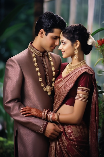 Photo gratuite un couple indien célèbre le jour de la demande en étant romantique l'un avec l'autre