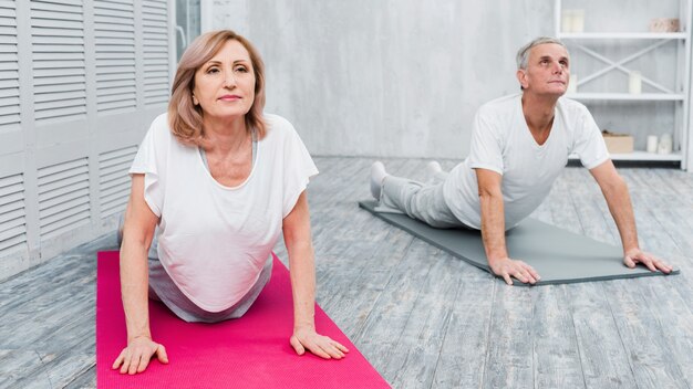 Couple de personnes âgées actif et concentré pratiquant le yoga ensemble