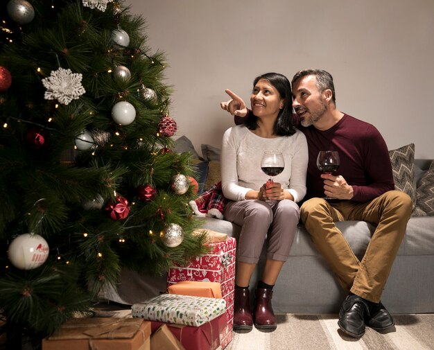 Couple de personnes âgées analysant l'arbre de Noël