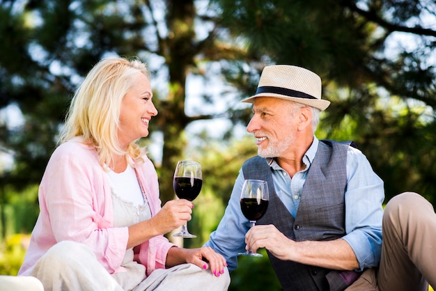 Couple de personnes âgées avec des verres de vin à la nature