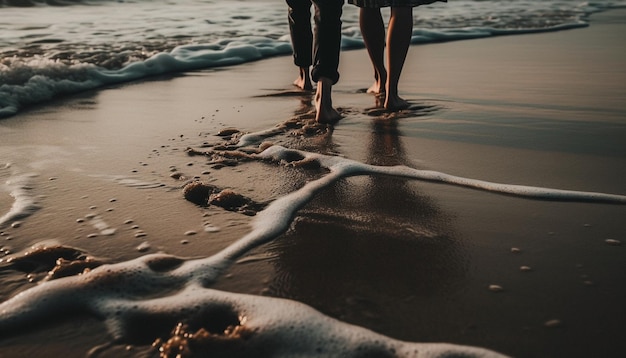 Photo gratuite couple pieds nus marchant sur du sable humide au crépuscule généré par l'ia