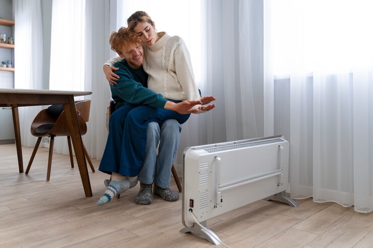 Photo gratuit couple plein coup se réchauffant près du radiateur