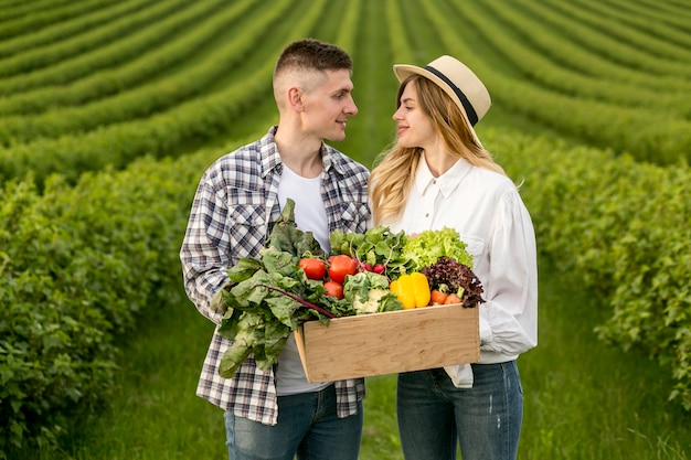 Couple, porter, panier, légumes