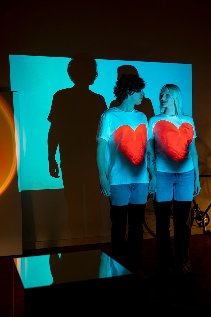 Photo gratuit un couple qui prend des photos à la lumière d'un projecteur de cinéma