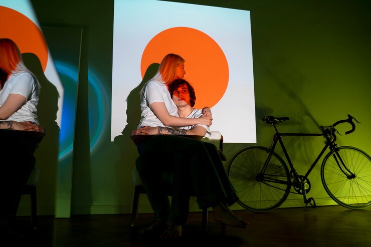 Photo gratuit un couple qui prend des photos à la lumière d'un projecteur de cinéma