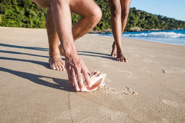 Photo gratuite couple ramassant le coquillage à la plage