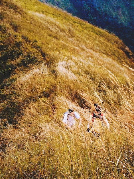 Couple randonnée trekking sur la montagne