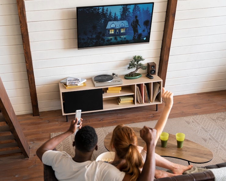 Photo gratuit couple regardant le service de streaming ensemble