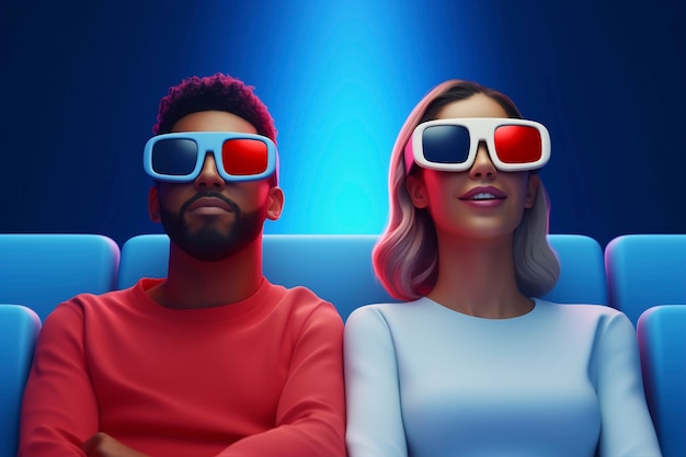 Photo gratuite un couple regarde un film au cinéma avec des lunettes 3d