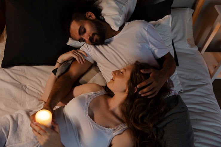 Photo gratuit couple romantique à angle élevé couché dans son lit
