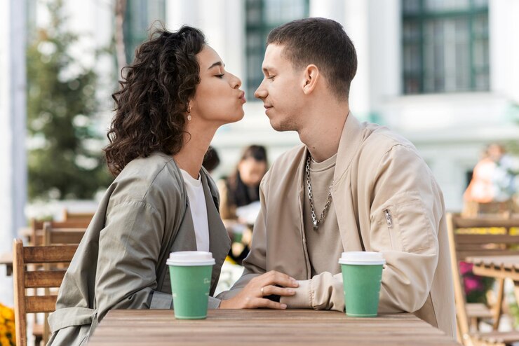 Photo gratuit un couple romantique à l'extérieur près d'un café