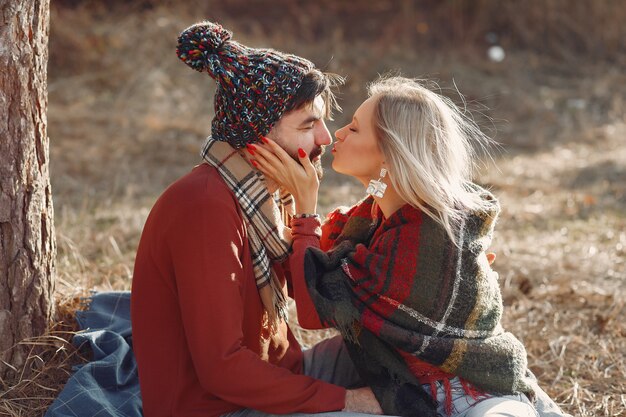 Couple, séance, arbre, ressort, forêt