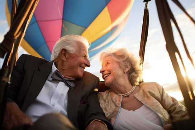 Un couple de seniors se marient dans un ballon à air chaud.